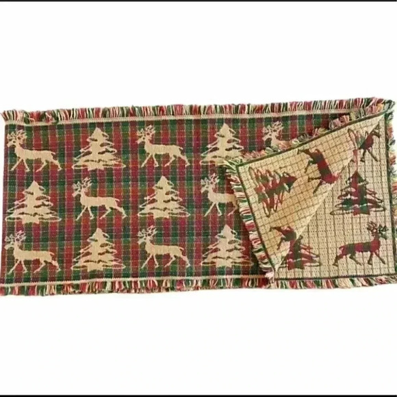 Table Runner Placemats  Towel Set Red Plaid Christmas Reindeer Motif - Picture 2 of 8